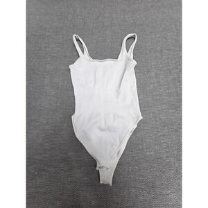 GOQQ Bodysuit Womens Large White Ribbed Knit Nylon Stretch Sleeveless Scoop Neck